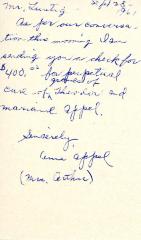 Letter from Anne Appel to Kneseth Israel concerning a check sent for perpetual care, September 28, 1961