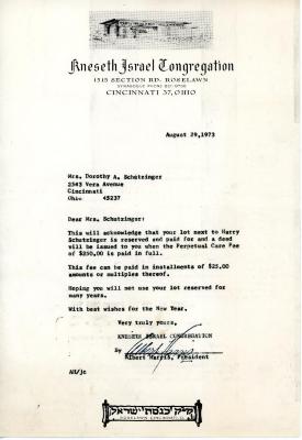 Letter from Kneseth Israel to Dorothy Schutzinger concerning a Perpetual Care Fee, August 29, 1973