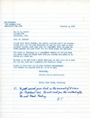 Letter from Kneseth Israel to M.S. Muskat concerning purchasing cemetery lots, December 4, 1962