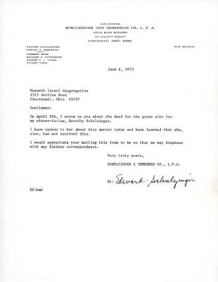 Letter from Schulzinger to Kneseth Israel concerning a grave site, June 6, 1973