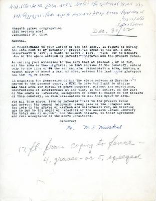 Letter from M.S. Muskat to Kneseth Israel concerning a grave site, December 30, 1962