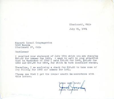 Letter from Jacob Jacobson to Kneseth Israel concerning dues, July 21, 1961