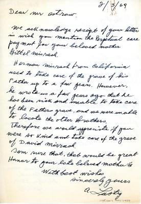 Letter from Abe Ostraw to Kneseth Israel concerning perpetual care, February 1, 1969