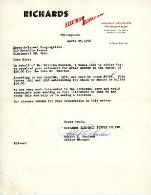 Letter from Robert Paulson to Kneseth Israel concerning grave upkeep, April 25, 1956