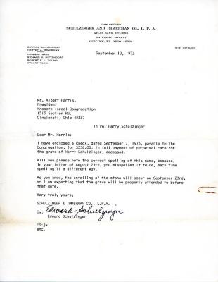 Letter from Schulzinger to Kneseth Israel concerning perpetual care, September 10, 1973