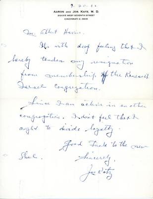 Letter from Joseph Katz to Kneseth Israel concerning leaving the congregation, September 20, 1962