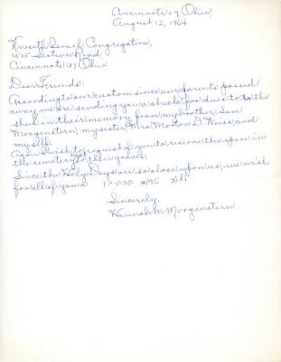 Letter from Hannah Morgenstern to Kneseth Israel concerning donation in memory of parents and a grave reservation,  August 12, 1964