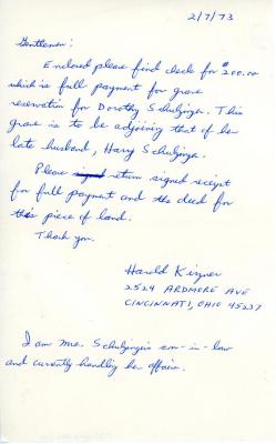 Letter from Harold Kinger to Kneseth Israel concerning his mother-in-law's funeral payment, February 7, 1973