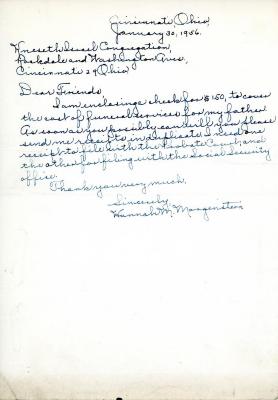 Letter from Hannah Morgenstern to Kneseth Israel concerning funeral expenses, January 30, 1956