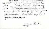 Letter from John Frieden to Kneseth Israel concerning a statement sent to the family 