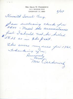 Letter from Mrs. Israel Oscherwitz to Kneseth Israel concerning dues, August 27, 1961