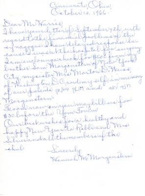 Letter from Hannah Morgenstern to Kneseth Israel concerning dues, October 12, 1966