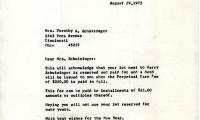 Letter from Kneseth Israel to Dorothy Schutzinger concerning a Perpetual Care Fee, August 29, 1973