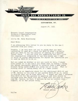 Letter from Edward Jacobs to Kneseth Israel concerning Nathan Moschinsky's check, August 24, 1951