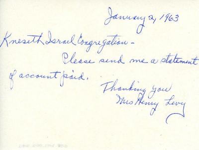 Letter from Henry Levy to Kneseth Israel concerning statement, January 2, 1963
