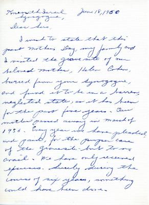 Letter from Isadore Wise to Kneseth Israel concerning a grave site, June 18, 1960