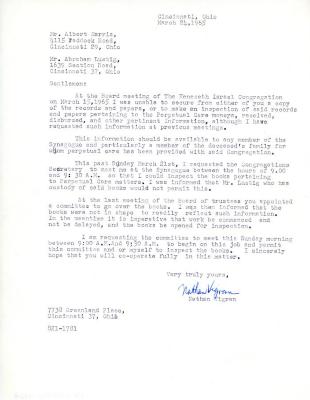 Correspondence with the Vigransky family concerning their memorial chapel, July 7, 1963