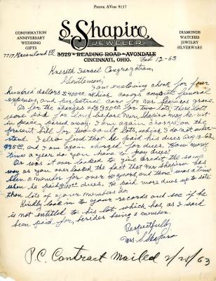 Letter from Mrs. Sam Shapiro to Kneseth Israel concerning funeral expenses, February 12, 1963