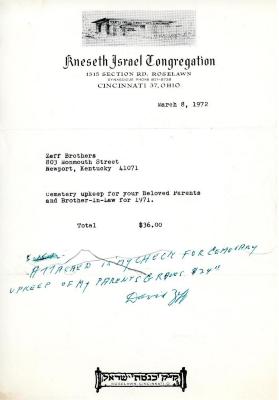 Cemetery upkeep statement for Zeff Brothers from Kneseth Israel, March 8, 1972