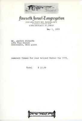 Cemetery upkeep statement for Isadore Richards from Kneseth Israel, May 1, 1972