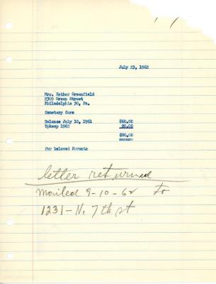 Cemetery upkeep statement for Esther Greenfield, July 23, 1962
