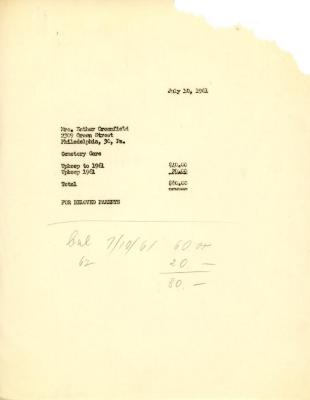 Cemetery upkeep statement for Esther Greenfield, July 10, 1961