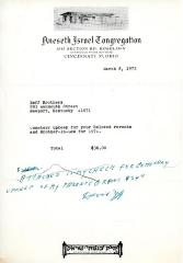 Cemetery upkeep statement for Zeff Brothers from Kneseth Israel, March 8, 1972