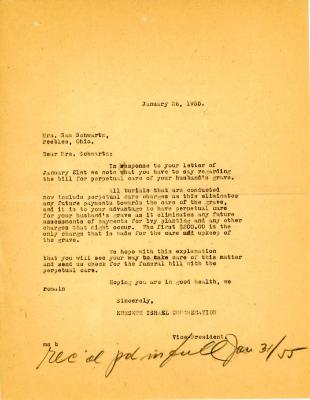 Correspondence with Mrs. Sam Schwartz concerning her husband's grave costs, January 21, 1955