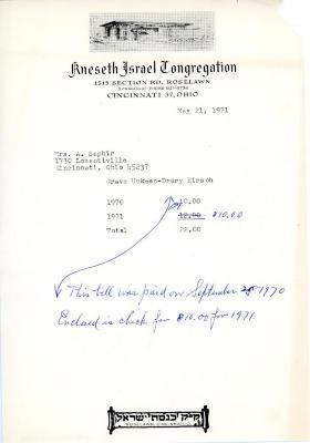Cemetery upkeep statement for Mrs. A. Saphir from Kneseth Israel, May 21, 1971