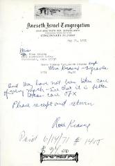 Cemetery upkeep statement for Rose Krasne from Kneseth Israel, May 21, 1971