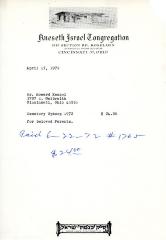 Cemetery upkeep statement for Howard Kessel from Kneseth Israel, April 17, 1972