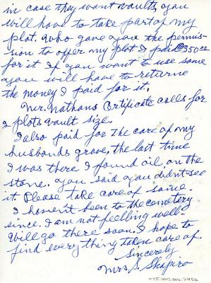 Letter from Mrs. Sam Shapiro to Kneseth Israel concerning a certificate for a grave site, August 12 ,1970