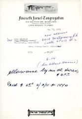 Cemetery upkeep statement for Jake Klavner from Kneseth Israel, May 21, 1971
