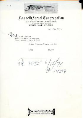 Cemetery upkeep statement for Sam Gordon, May 21, 1971