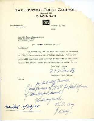 Letter from M. Scott to Kneseth Israel concerning a cemetery lot for Nathan Goldfarb, October 19, 1965