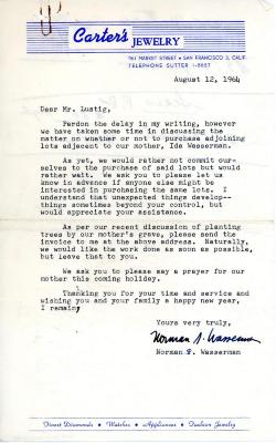 Letter from Norman Wasserman to Kneseth Israel concerning a grave reservation, August 12, 1964