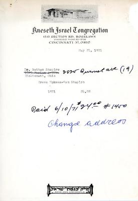 Cemetery upkeep statement for Nathan Shapiro from Kneseth Israel, May 21, 1971
