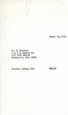 Cemetery upkeep statement for J. Jacobson, August 12, 1964