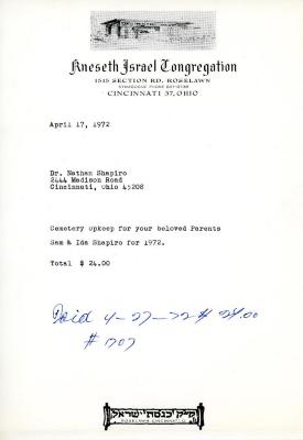 Cemetery upkeep statement for Nathan Shapiro from Kneseth Israel, April 17, 1972