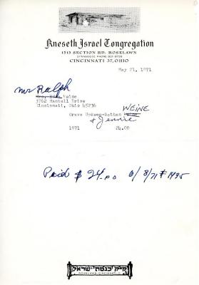Cemetery upkeep statement from Ralph Waine from Kneseth Israel, May 21, 1971
