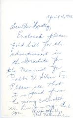 Letter from Mrs. Nathan Silver to Kneseth Israel concerning a memorial, April 4, 1968