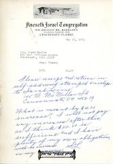 Cemetery upkeep statement for Sarah Levine from Kneseth Israel, May 21, 1971
