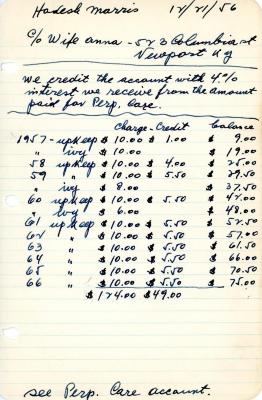 Morris Hadesh's cemetery account statement from Kneseth Israel beginning in 1957
