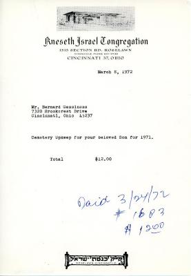 Cemetery upkeep statement for Bernard Gessiness, March 8, 1972
