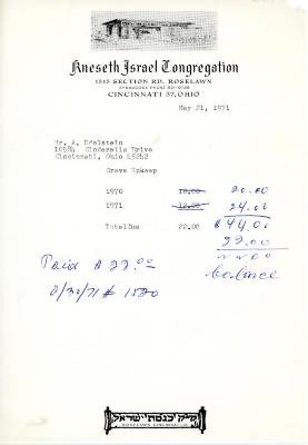 Cemetery upkeep statement for A. Edelstein, May 21, 1971
