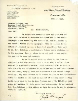 Letter from Seasongood to Kneseth Israel concerning a memorial tablet, June 10, 1930