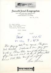Cemetery upkeep statement for Lean Levine from Kneseth Israel, May 21, 1971