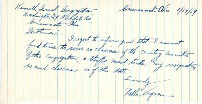 Letter from Nathan Vigran to Kneseth Israel concerning being unable to act as Chairman of the cemetery committee, January 19, 1959
