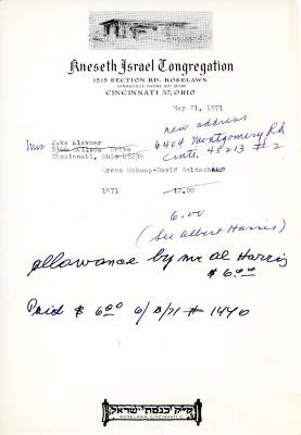 Cemetery upkeep statement for Jake Klavner from Kneseth Israel, May 21, 1971