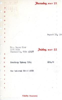 Cemetery upkeep statement for Isaac Sher from Kneseth Israel, August 12, 1964